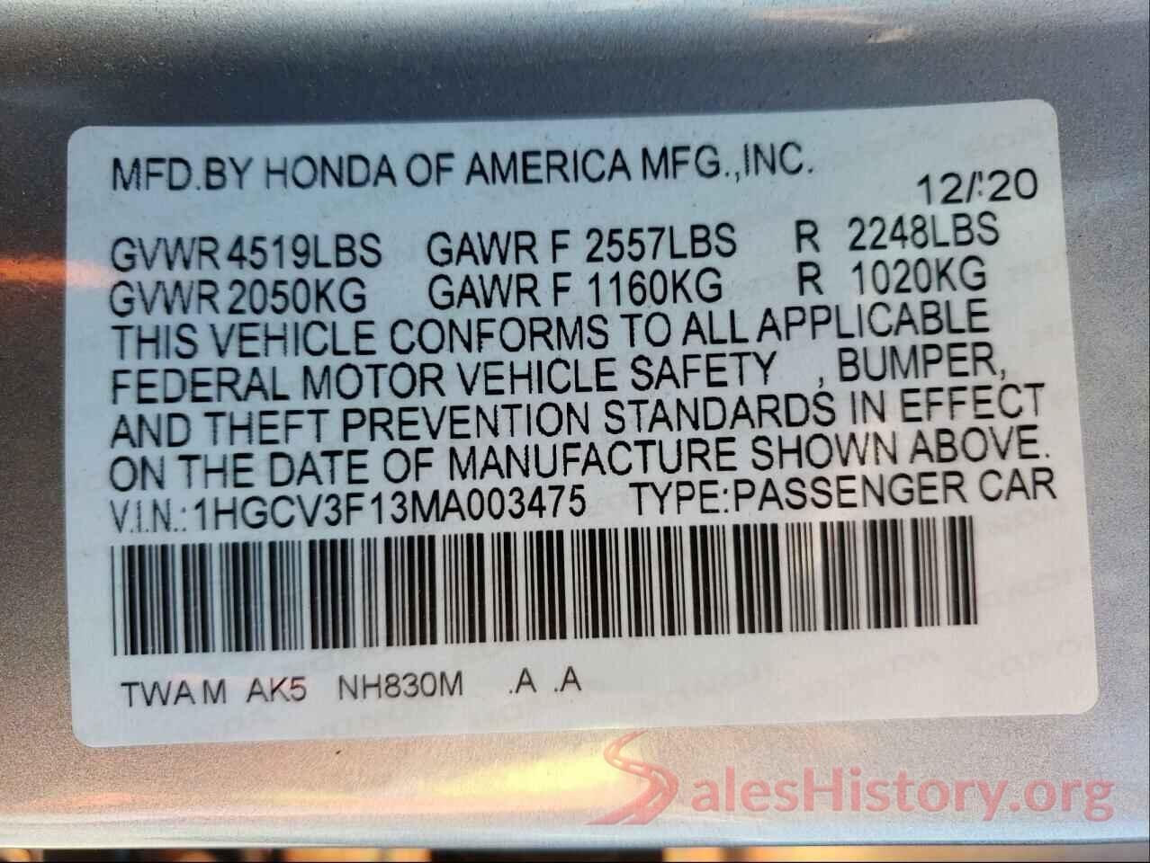 1HGCV3F13MA003475 2021 HONDA ACCORD