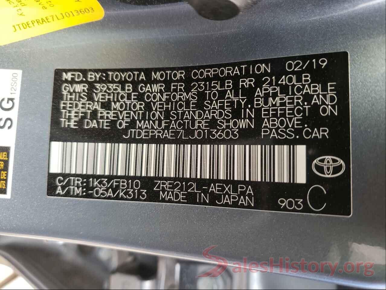 JTDEPRAE7LJ013603 2020 TOYOTA COROLLA