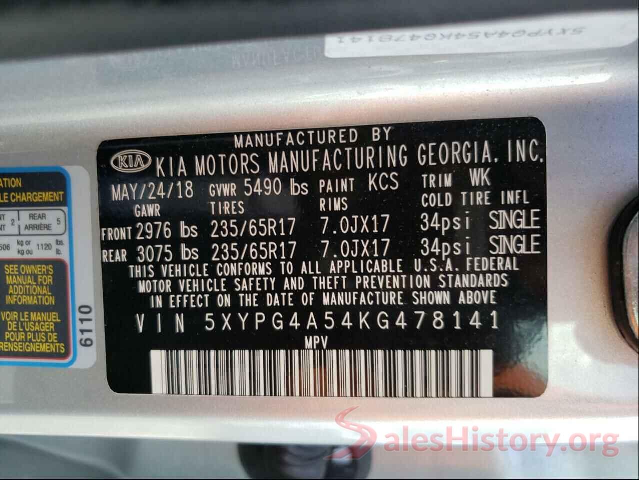 5XYPG4A54KG478141 2019 KIA SORENTO