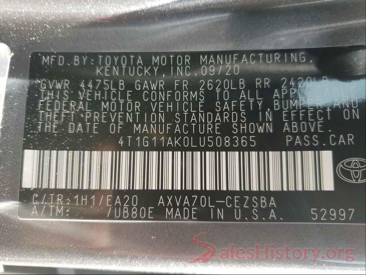 4T1G11AK0LU508365 2020 TOYOTA CAMRY