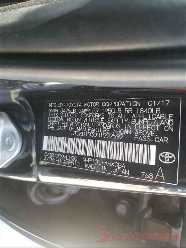 JTDKDTB30H1592592 2017 TOYOTA PRIUS