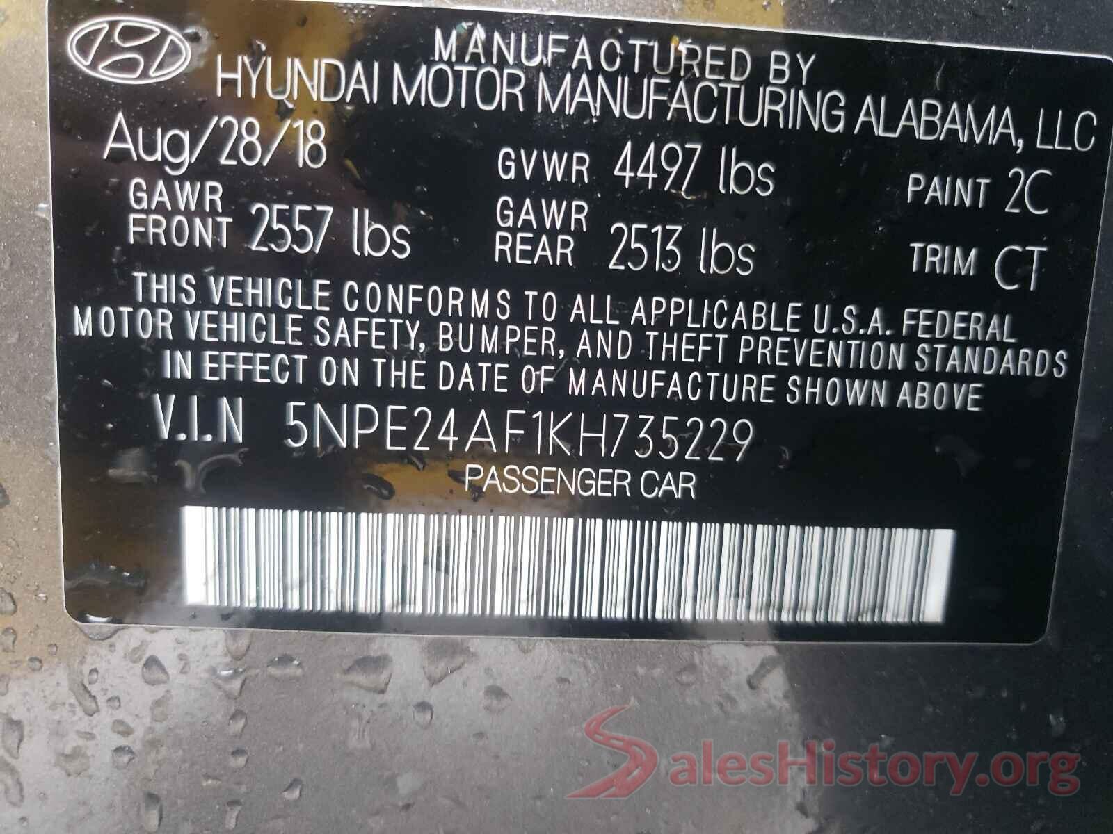 5NPE24AF1KH735229 2019 HYUNDAI SONATA