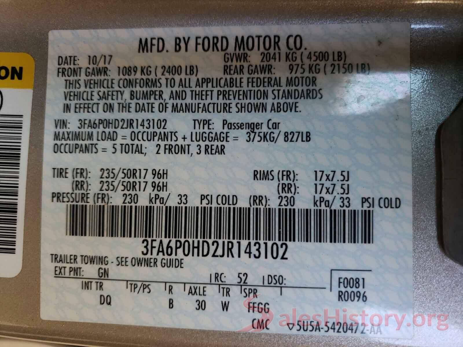 3FA6P0HD2JR143102 2018 FORD FUSION