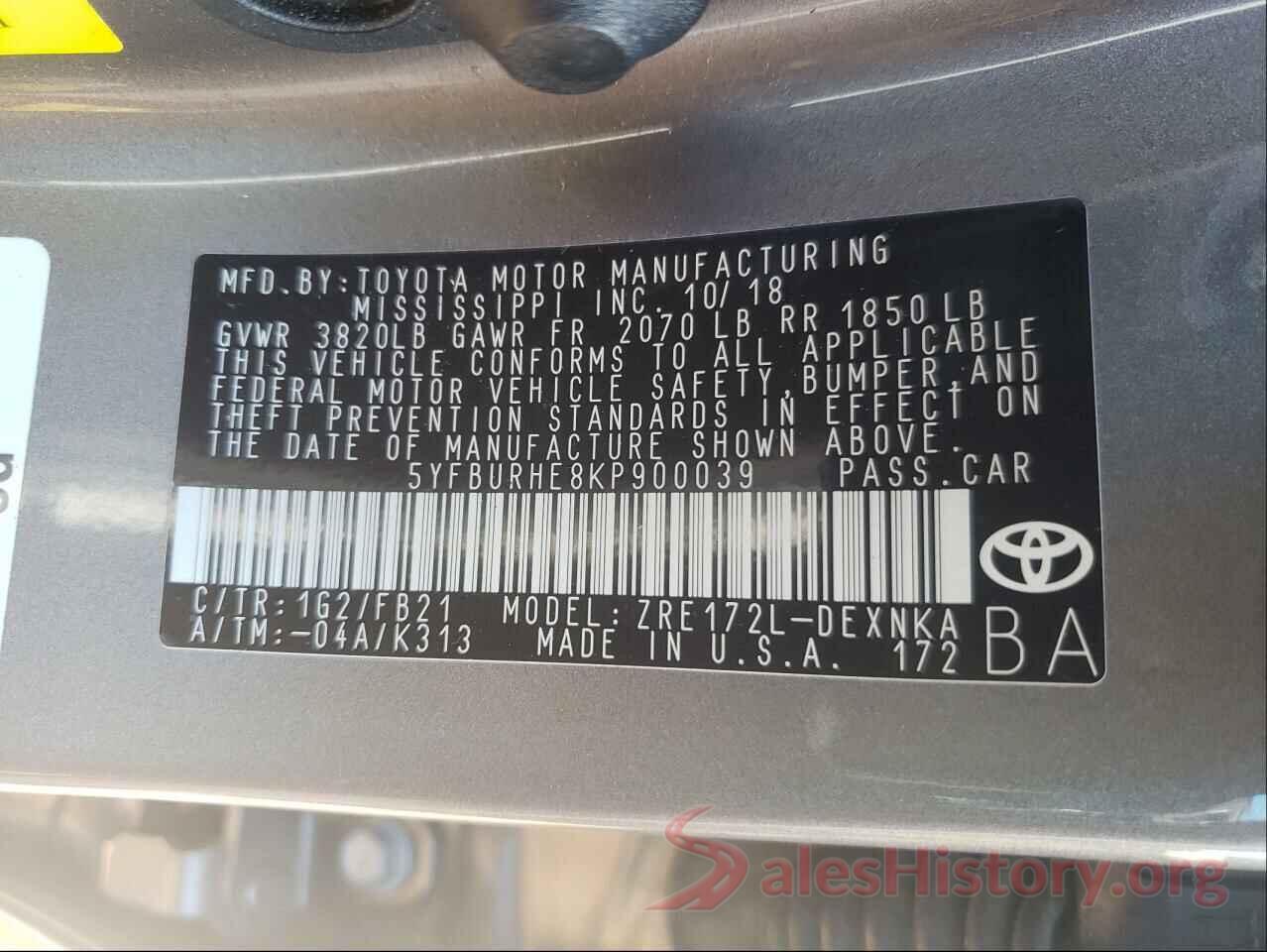 5YFBURHE8KP900039 2019 TOYOTA COROLLA