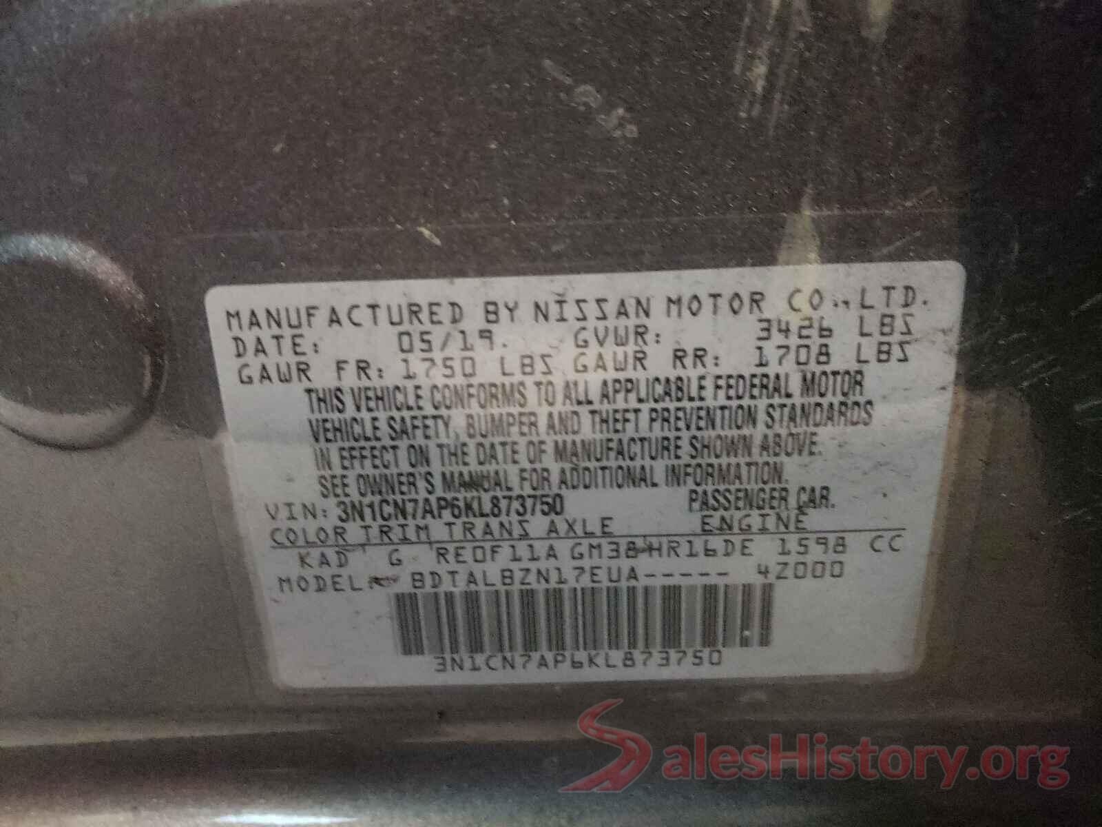 3N1CN7AP6KL873750 2019 NISSAN VERSA