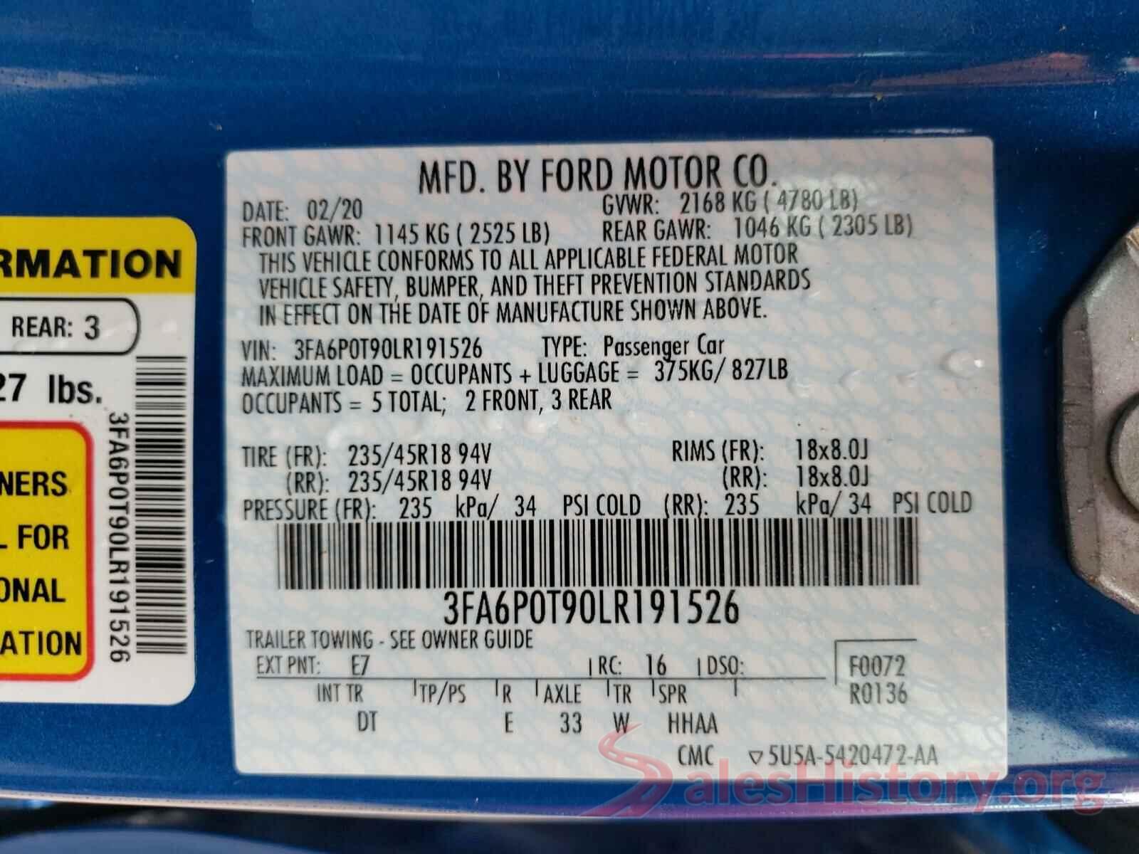 3FA6P0T90LR191526 2020 FORD FUSION