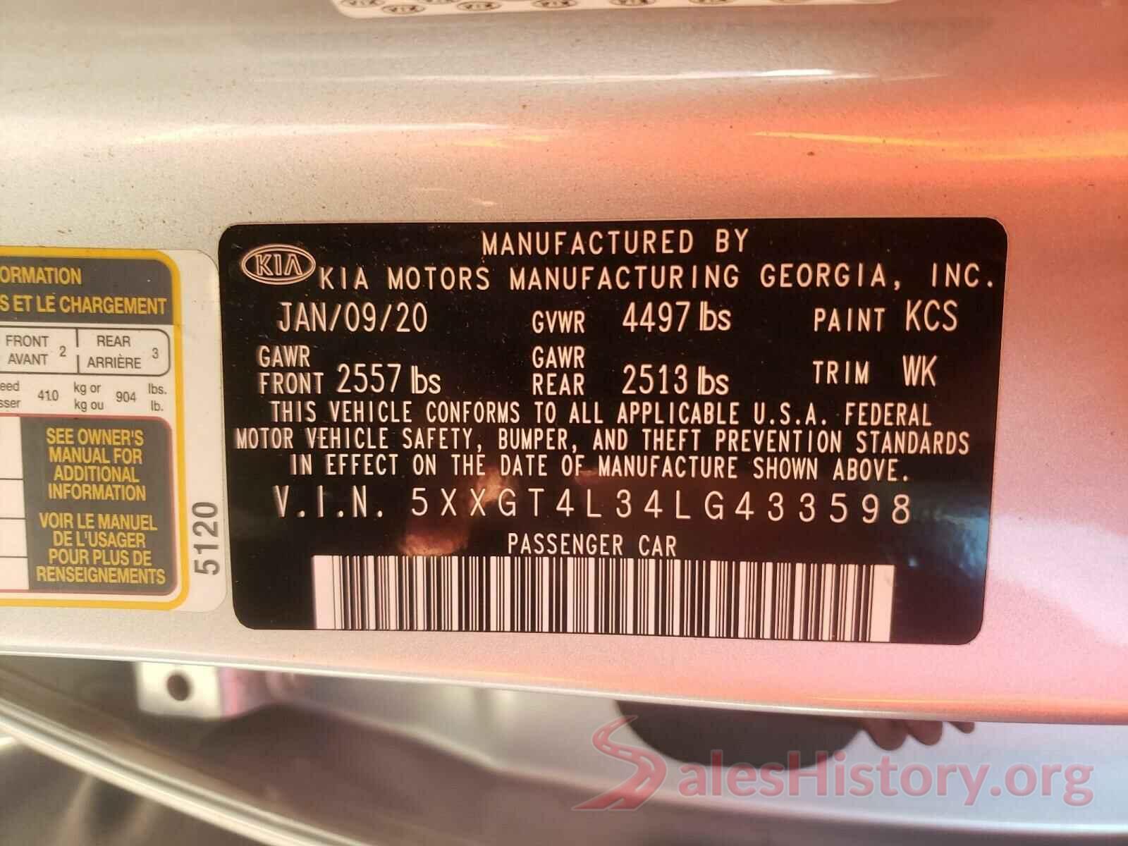 5XXGT4L34LG433598 2020 KIA OPTIMA