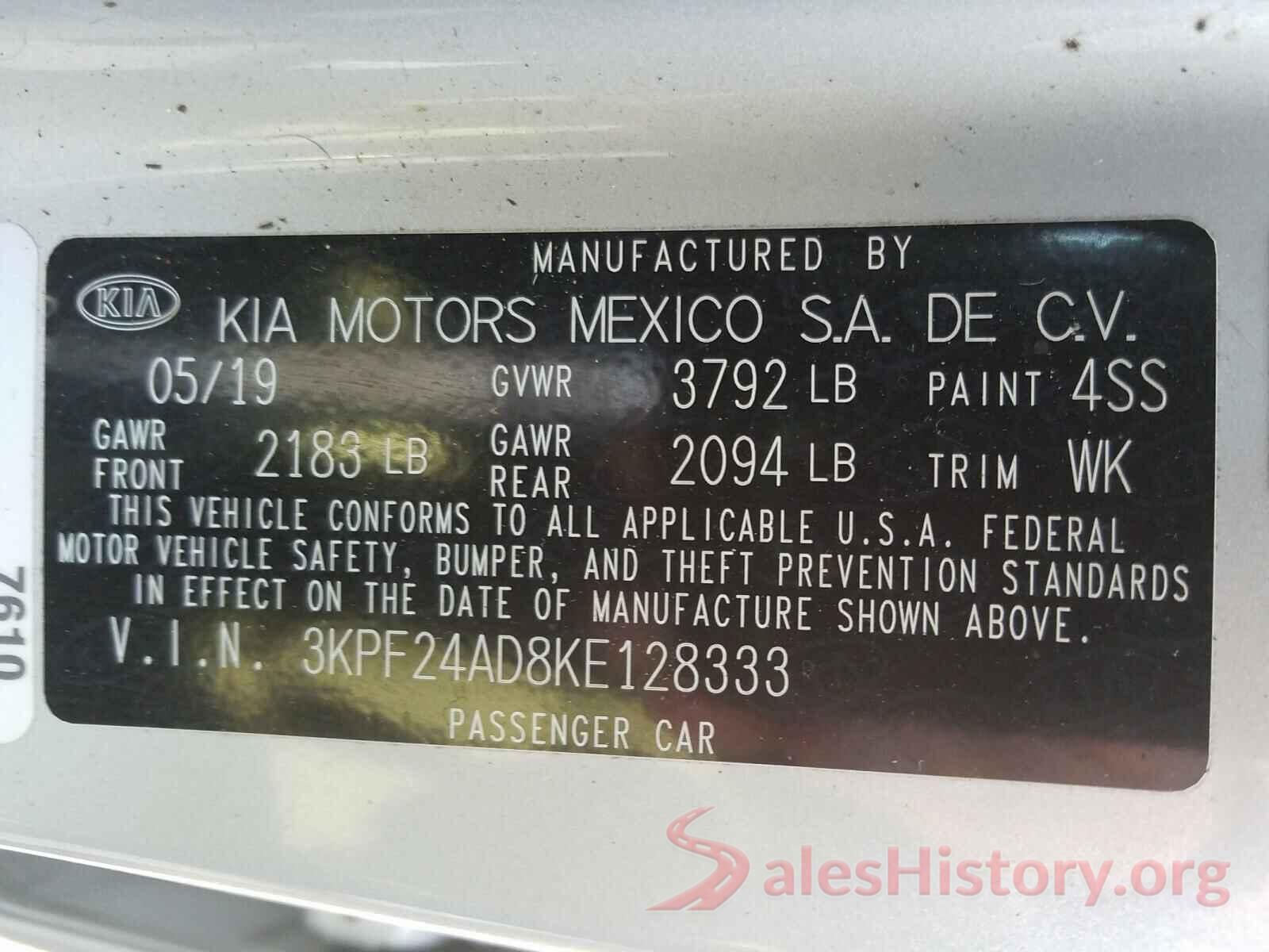 3KPF24AD8KE128333 2019 KIA FORTE