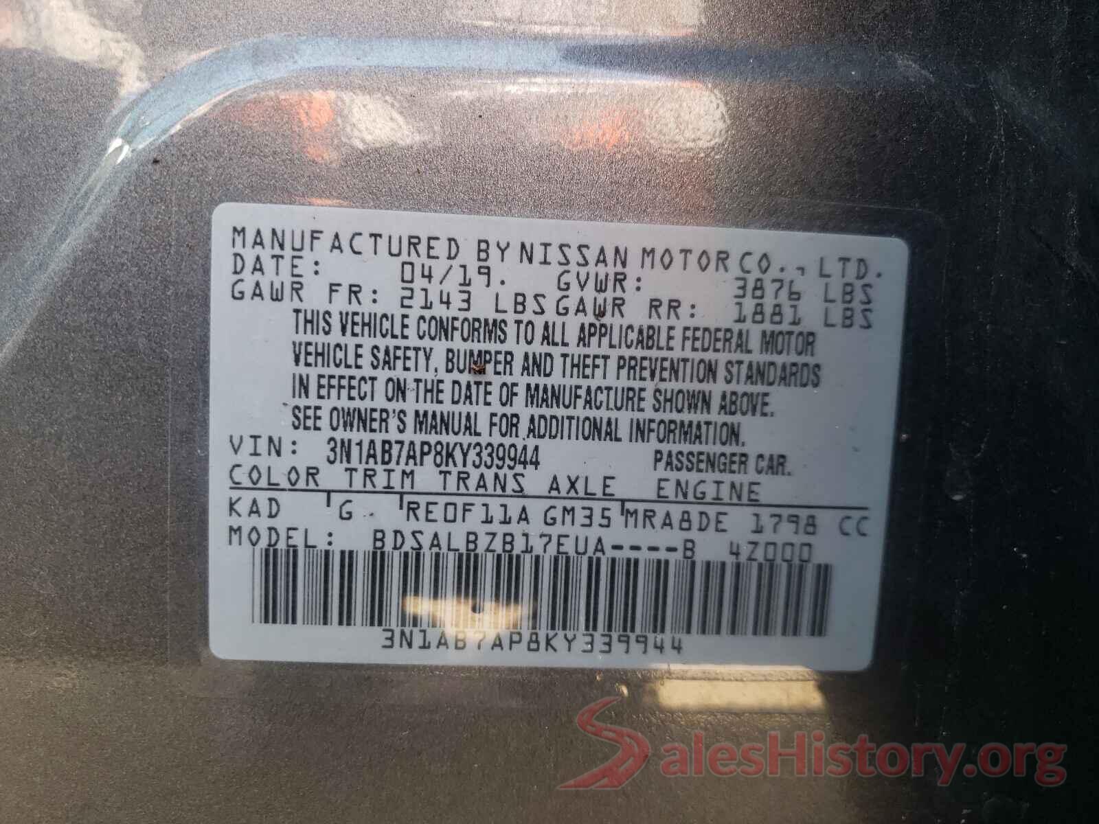 3N1AB7AP8KY339944 2019 NISSAN SENTRA