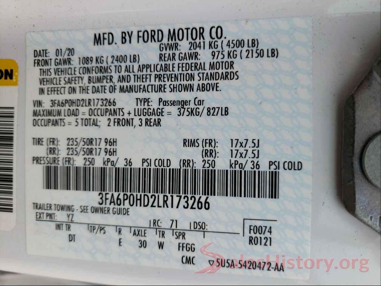 3FA6P0HD2LR173266 2020 FORD FUSION