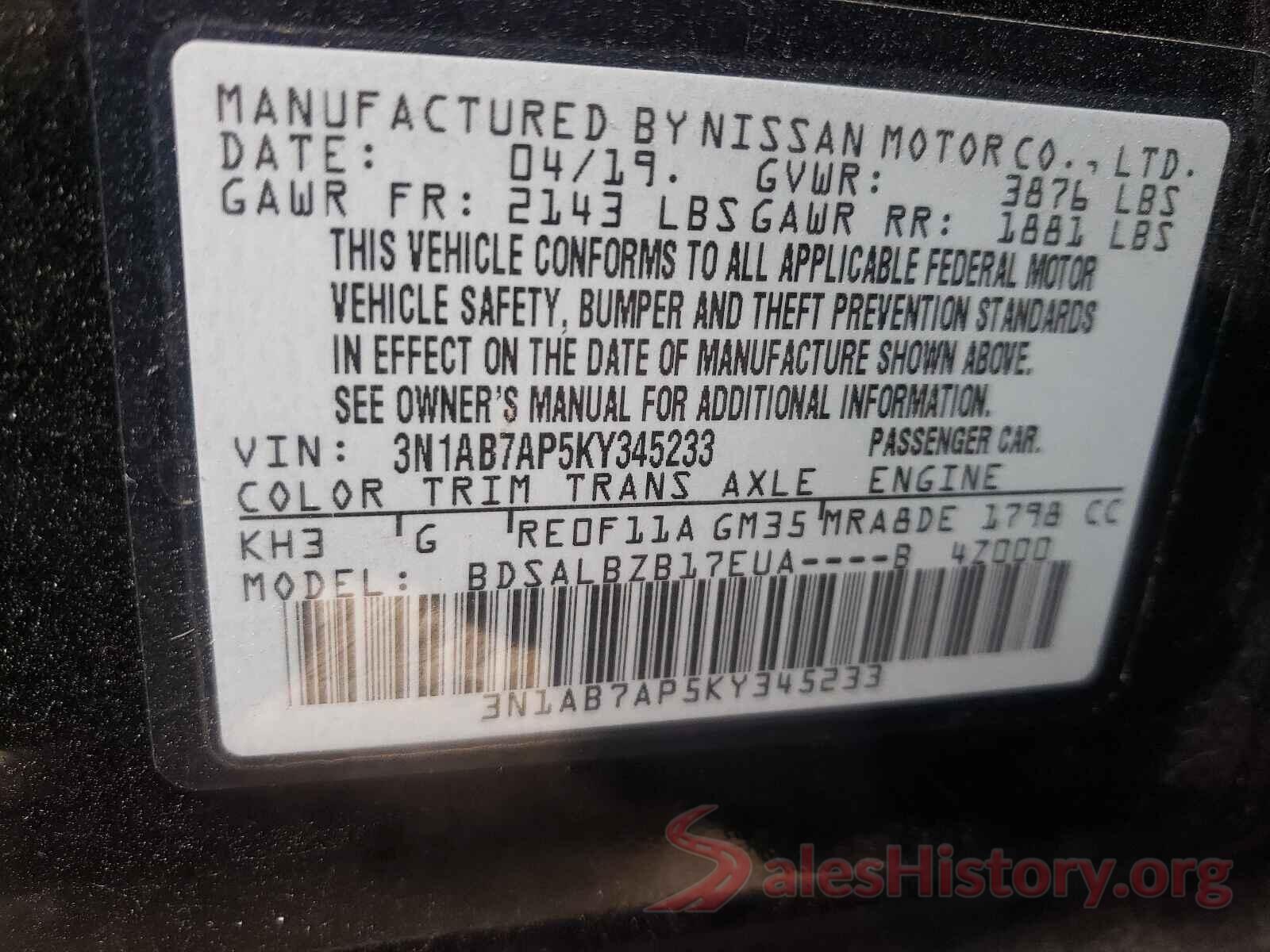 3N1AB7AP5KY345233 2019 NISSAN SENTRA