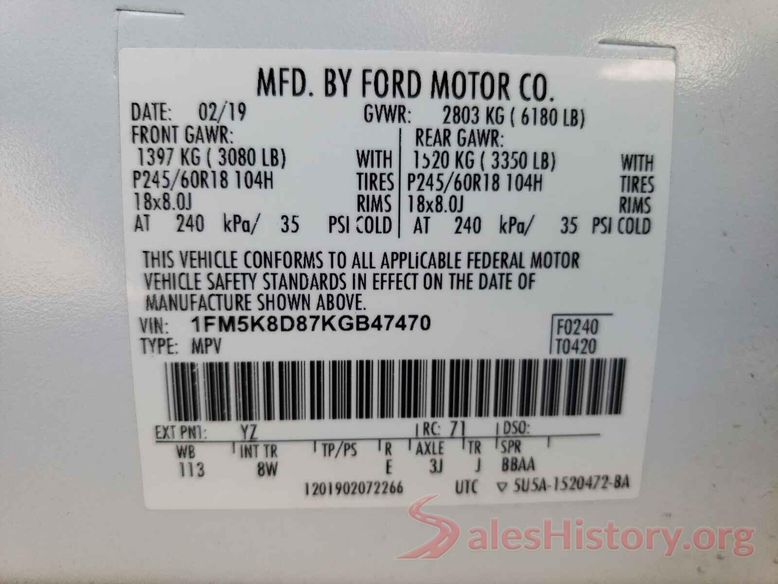 1FM5K8D87KGB47470 2019 FORD EXPLORER