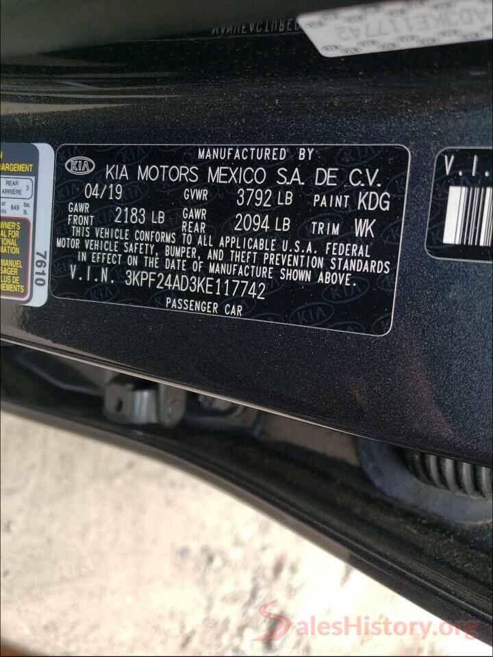 3KPF24AD3KE117742 2019 KIA FORTE