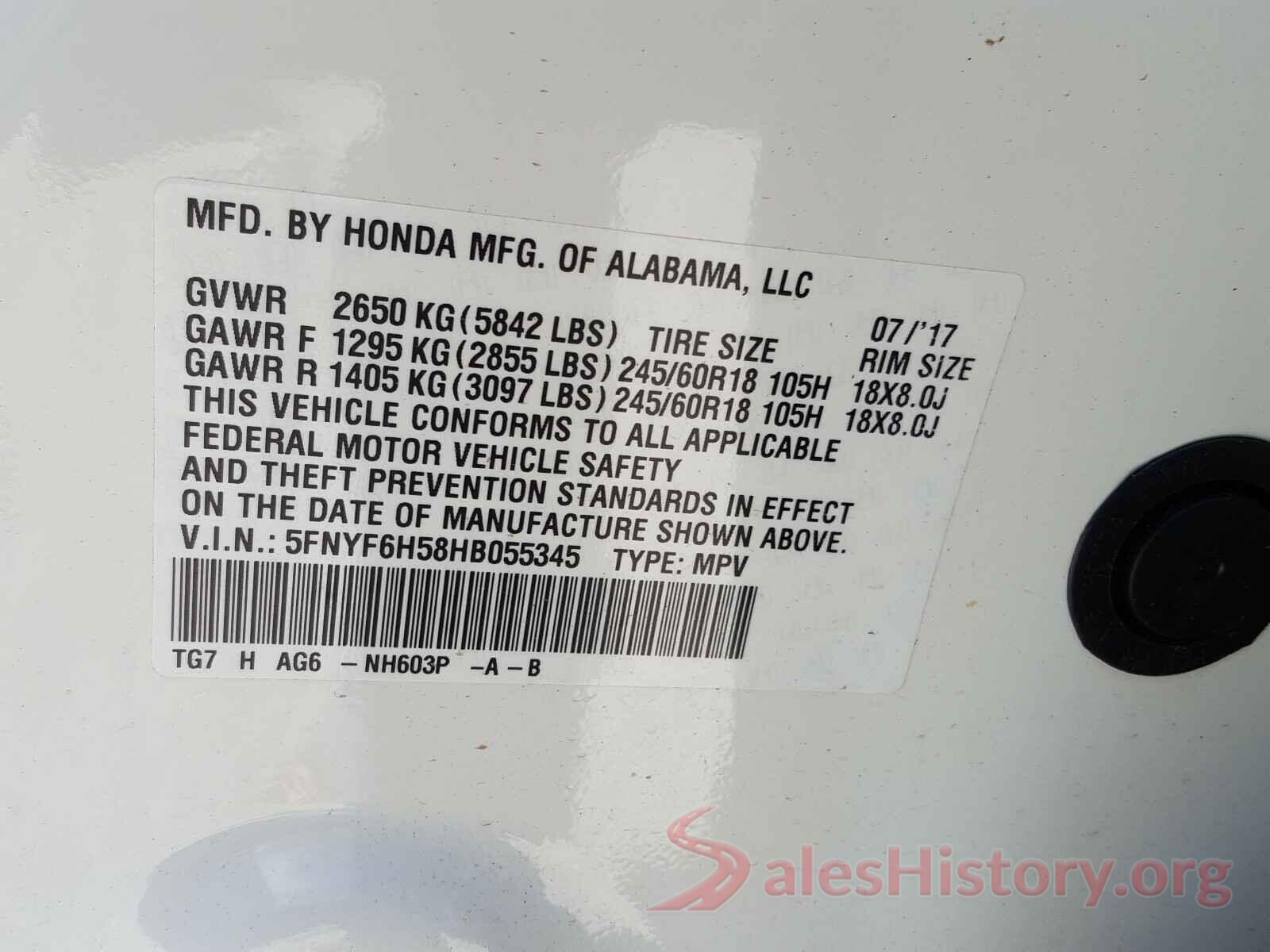 5FNYF6H58HB055345 2017 HONDA PILOT