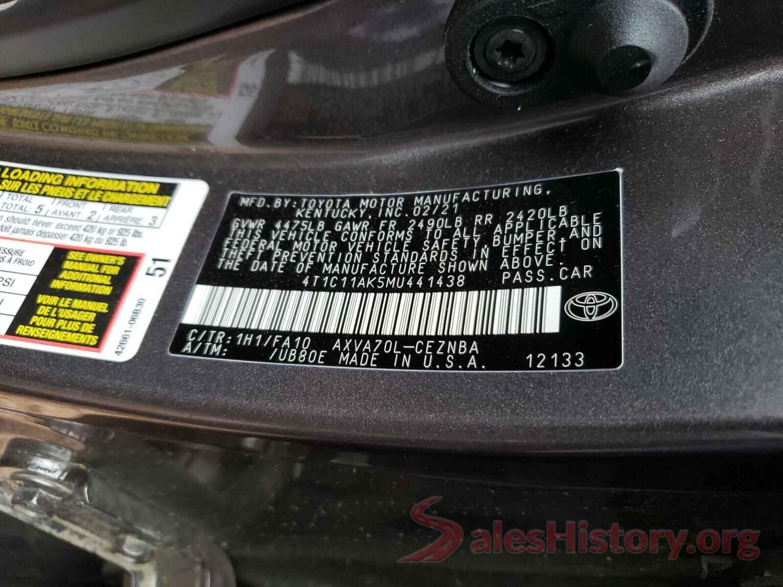 4T1C11AK5MU441438 2021 TOYOTA CAMRY