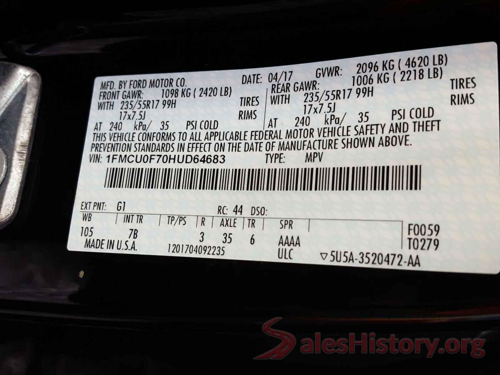 1FMCU0F70HUD64683 2017 FORD ESCAPE