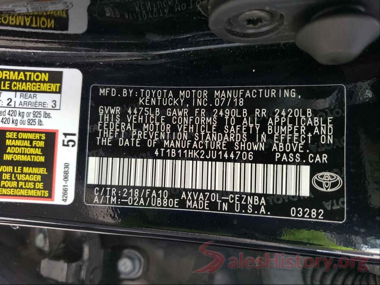 4T1B11HK2JU144706 2018 TOYOTA CAMRY