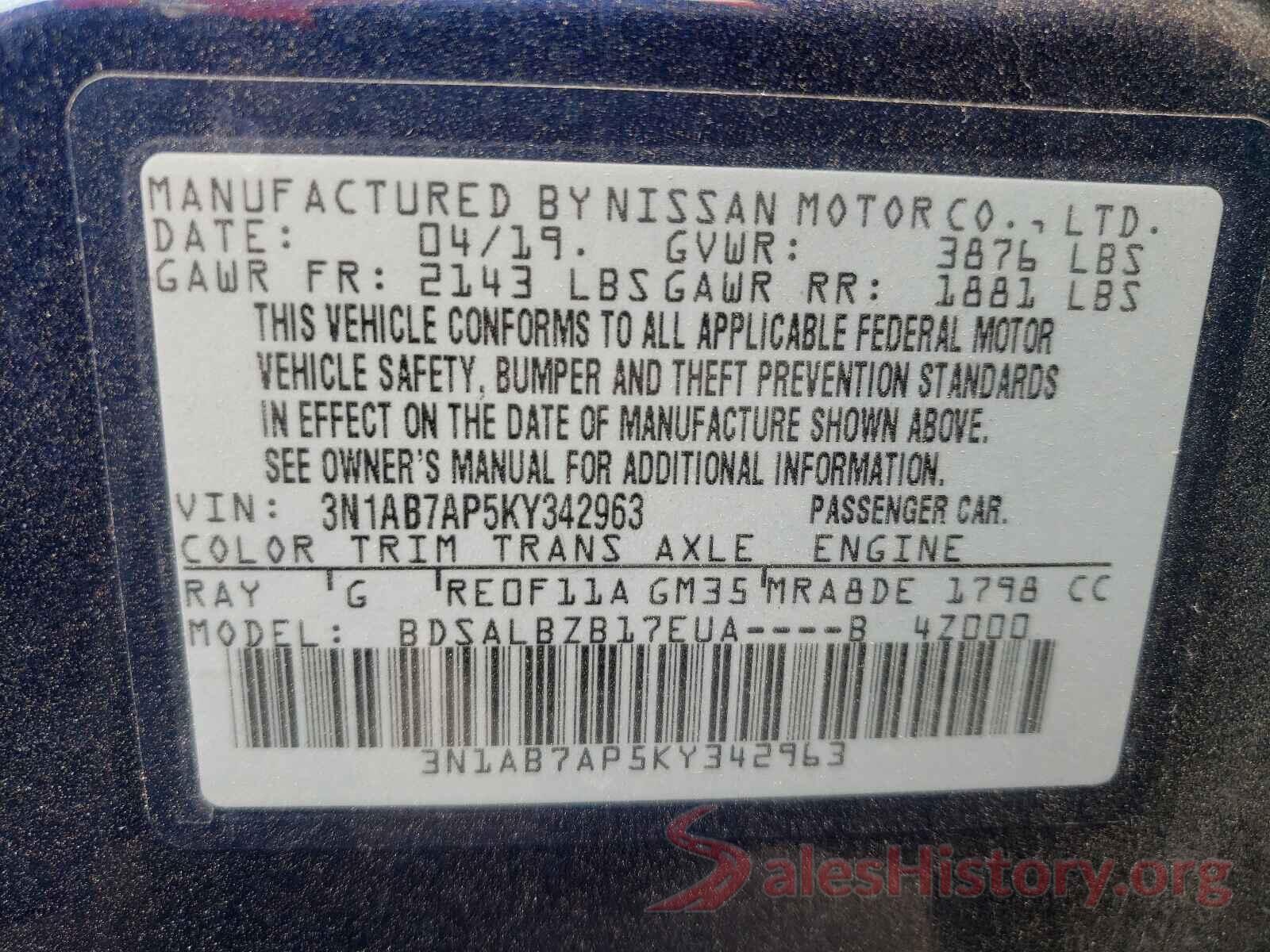 3N1AB7AP5KY342963 2019 NISSAN SENTRA