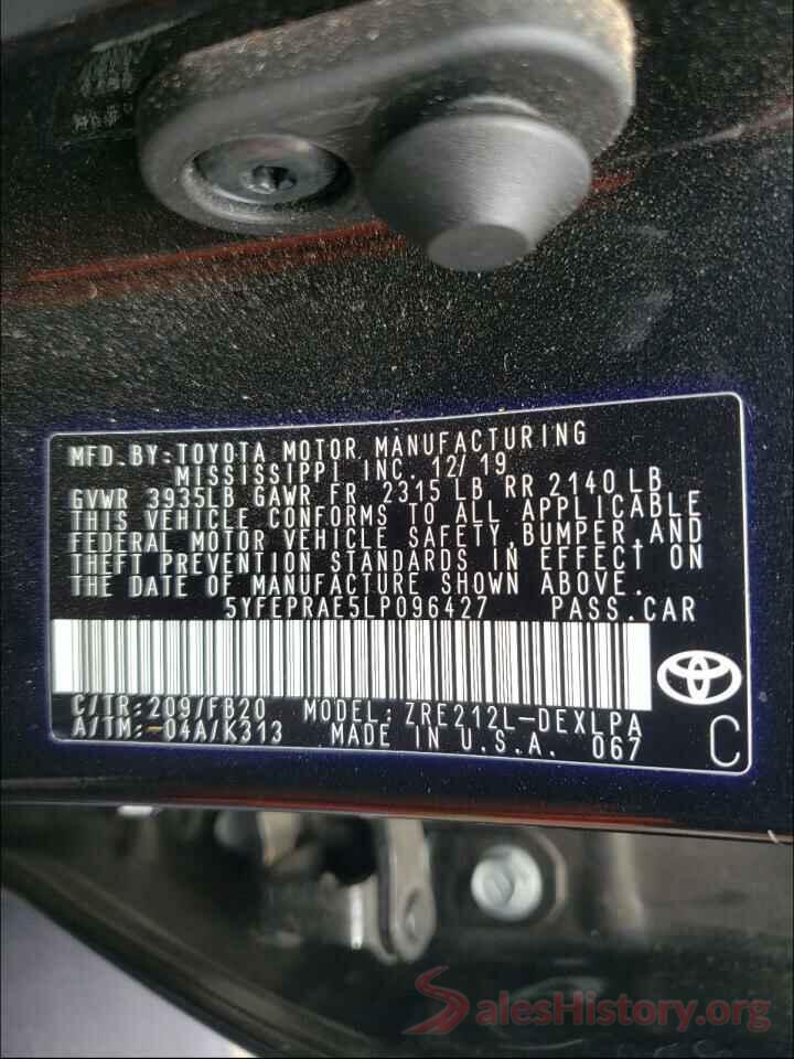 5YFEPRAE5LP096427 2020 TOYOTA COROLLA