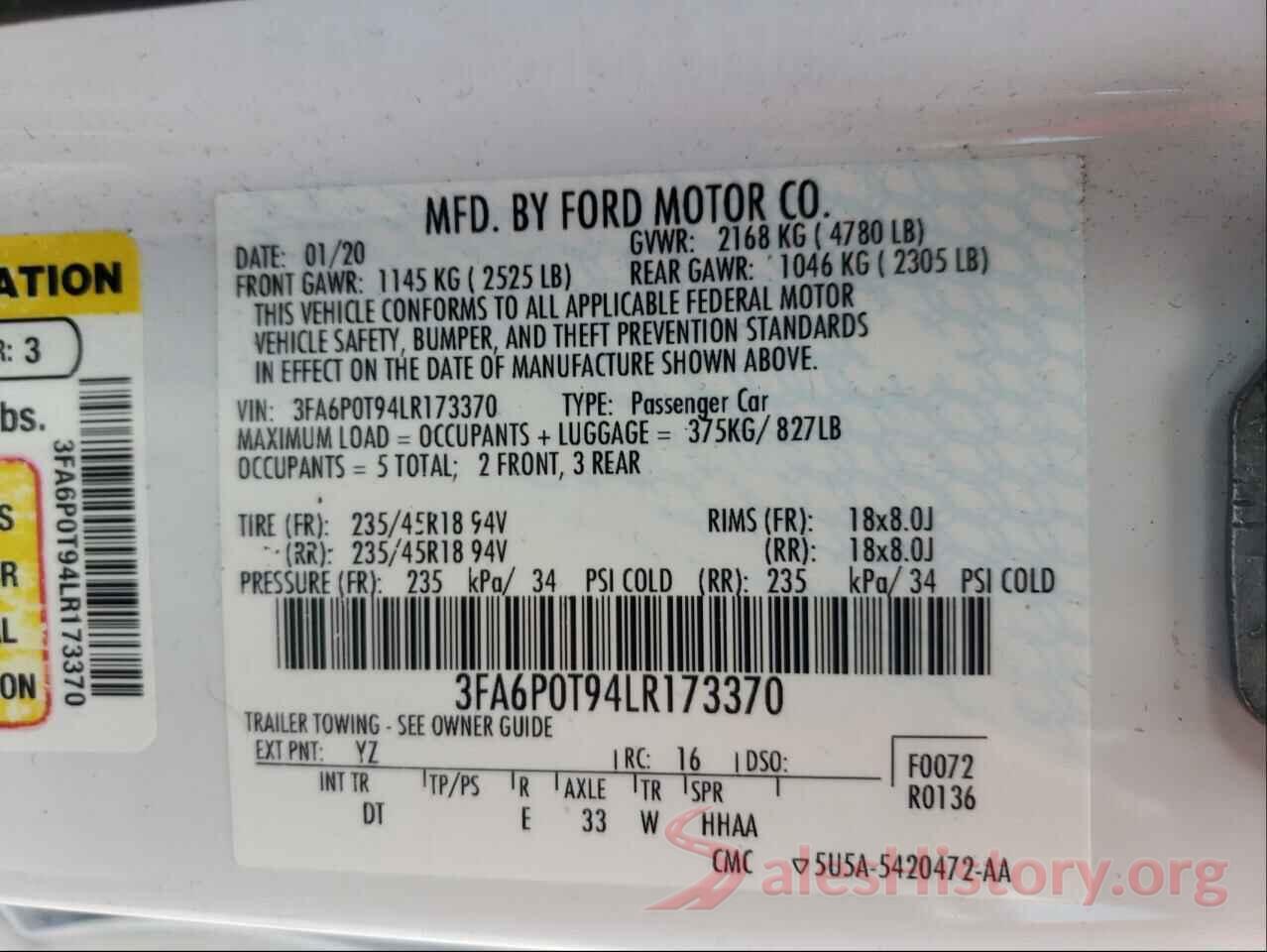 3FA6P0T94LR173370 2020 FORD FUSION