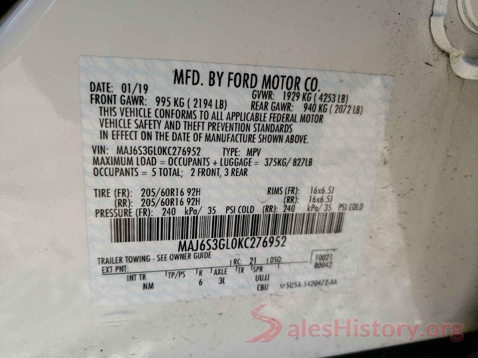 MAJ6S3GL0KC276952 2019 FORD ALL OTHER