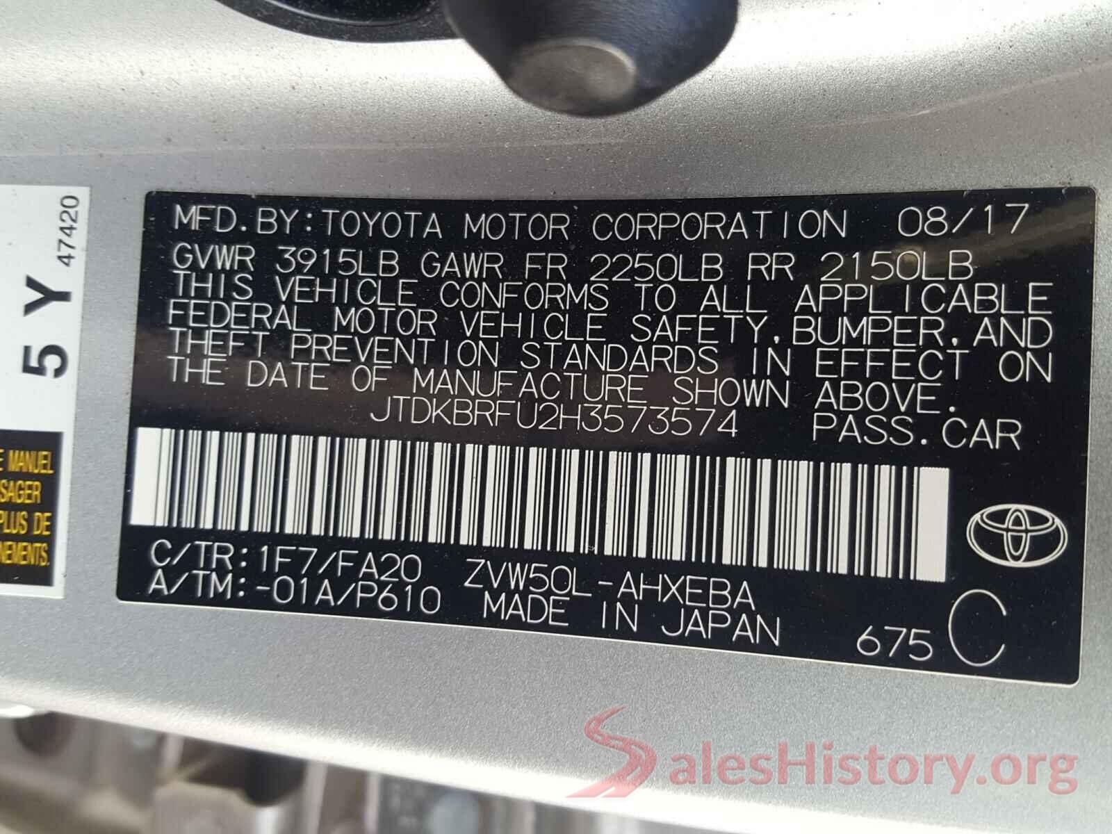 JTDKBRFU2H3573574 2017 TOYOTA PRIUS