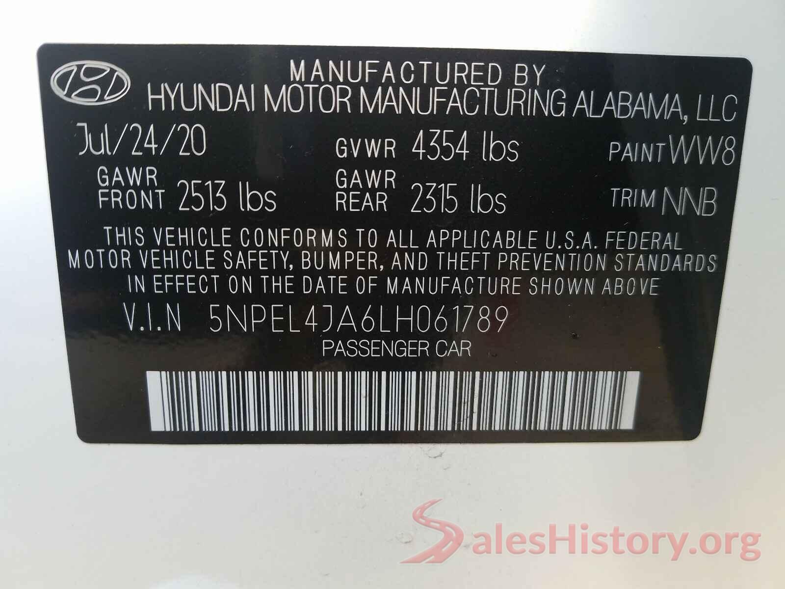 5NPEL4JA6LH061789 2020 HYUNDAI SONATA