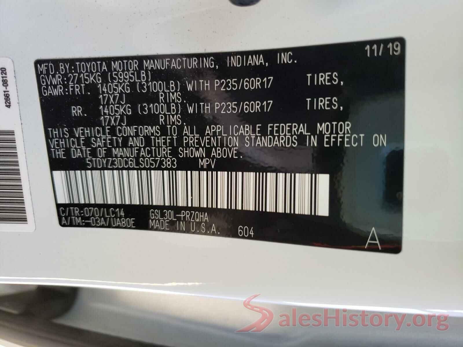 5TDYZ3DC6LS057383 2020 TOYOTA SIENNA