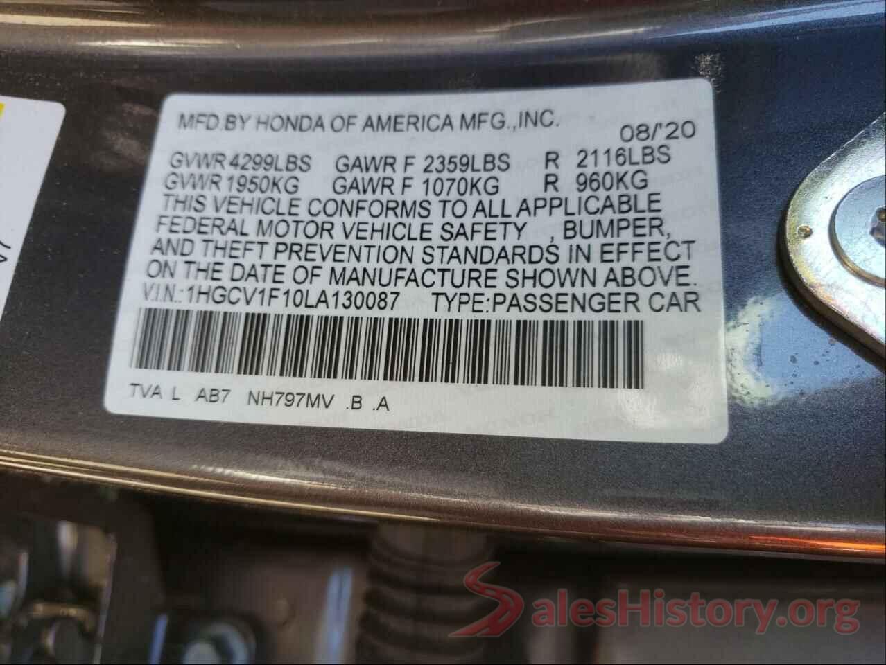 1HGCV1F10LA130087 2020 HONDA ACCORD