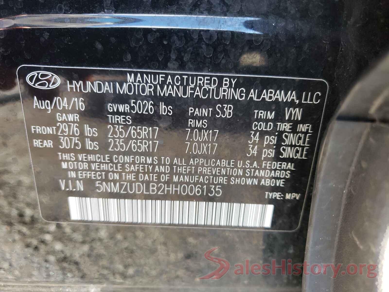 5NMZUDLB2HH006135 2017 HYUNDAI SANTA FE