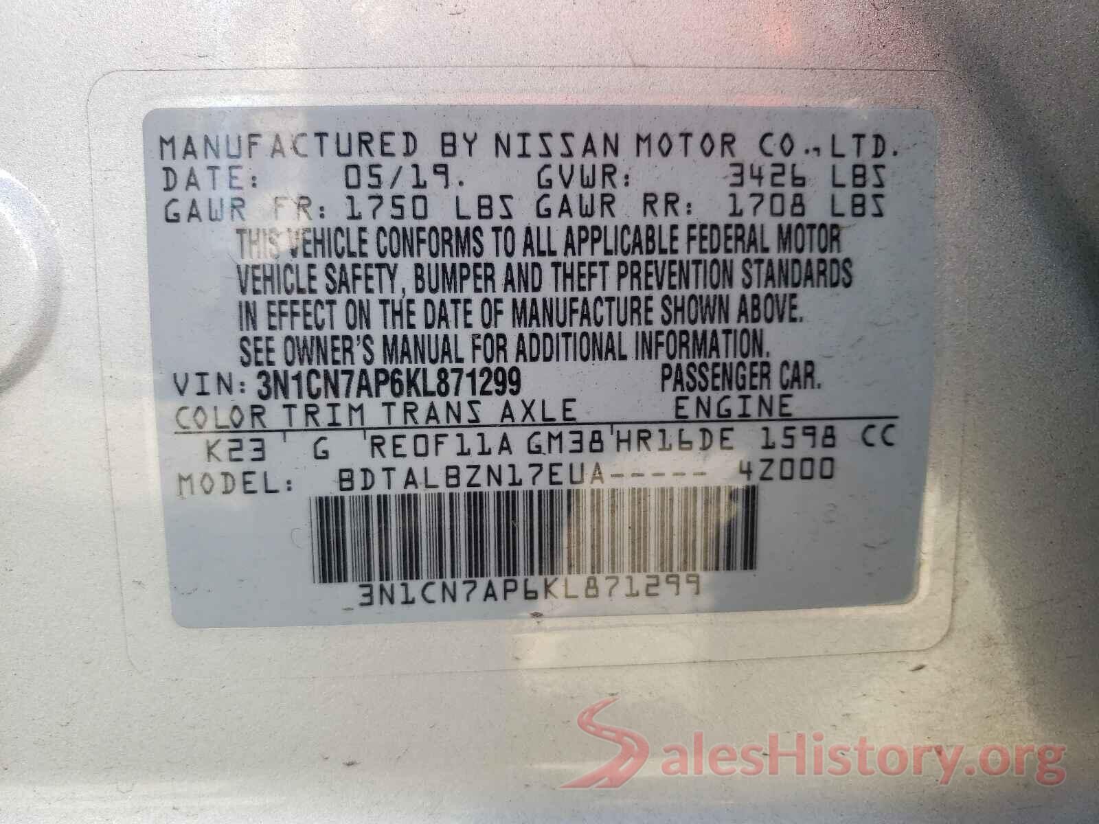 3N1CN7AP6KL871299 2019 NISSAN VERSA