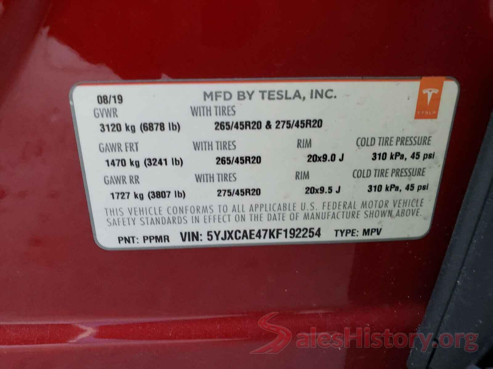 5YJXCAE47KF192254 2019 TESLA MODEL X