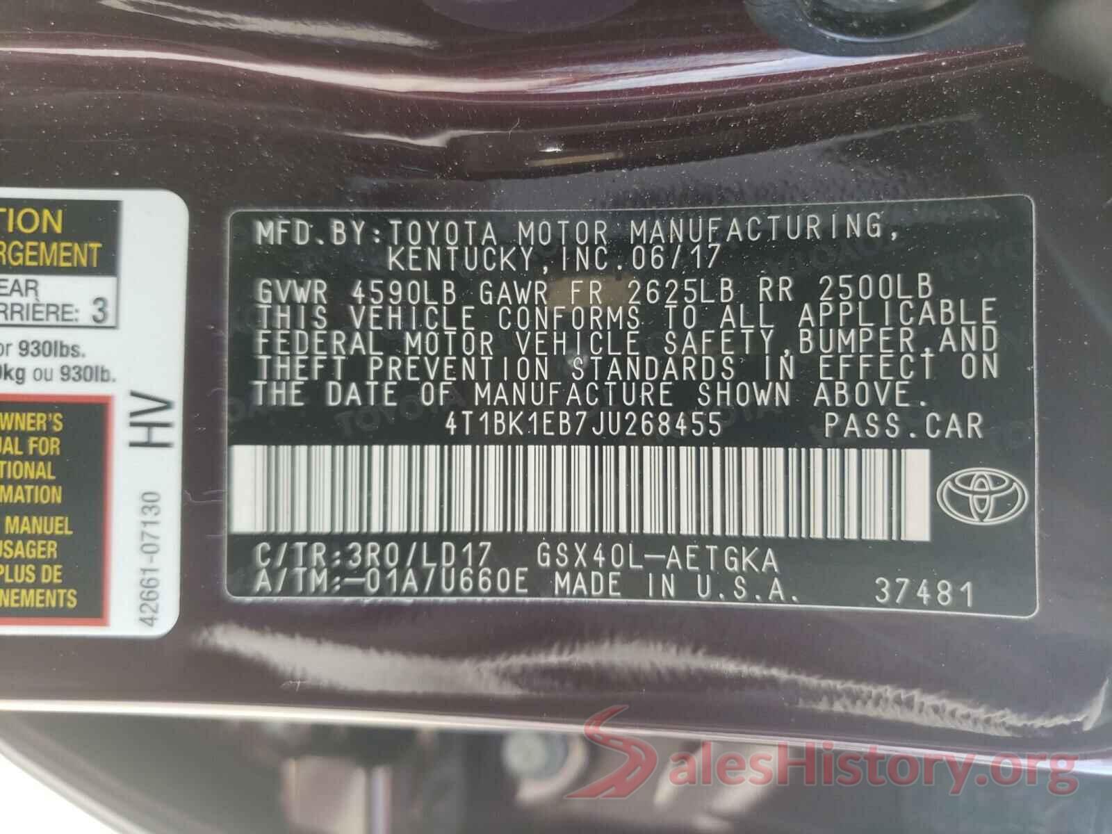 4T1BK1EB7JU268455 2018 TOYOTA AVALON