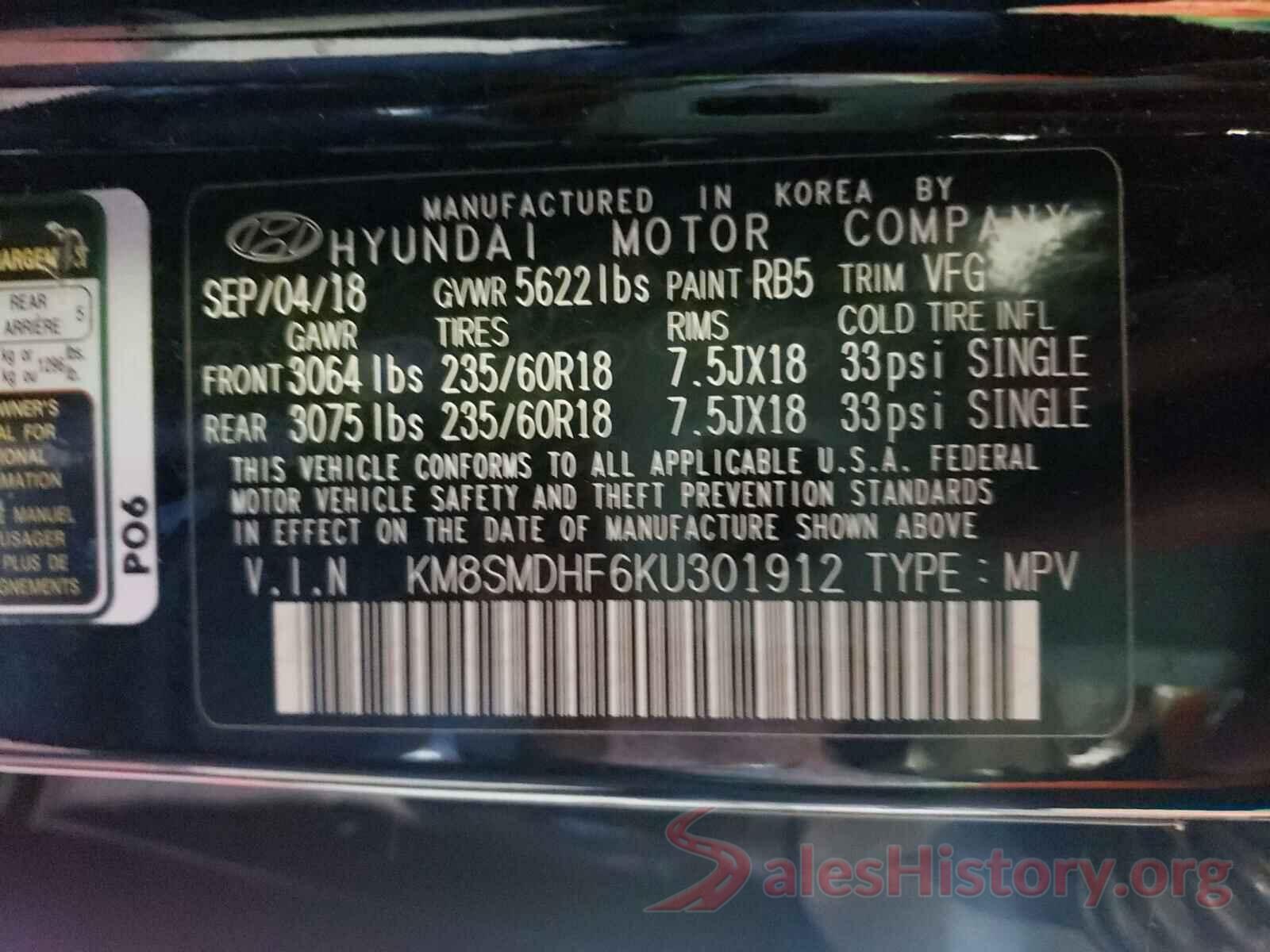 KM8SMDHF6KU301912 2019 HYUNDAI SANTA FE