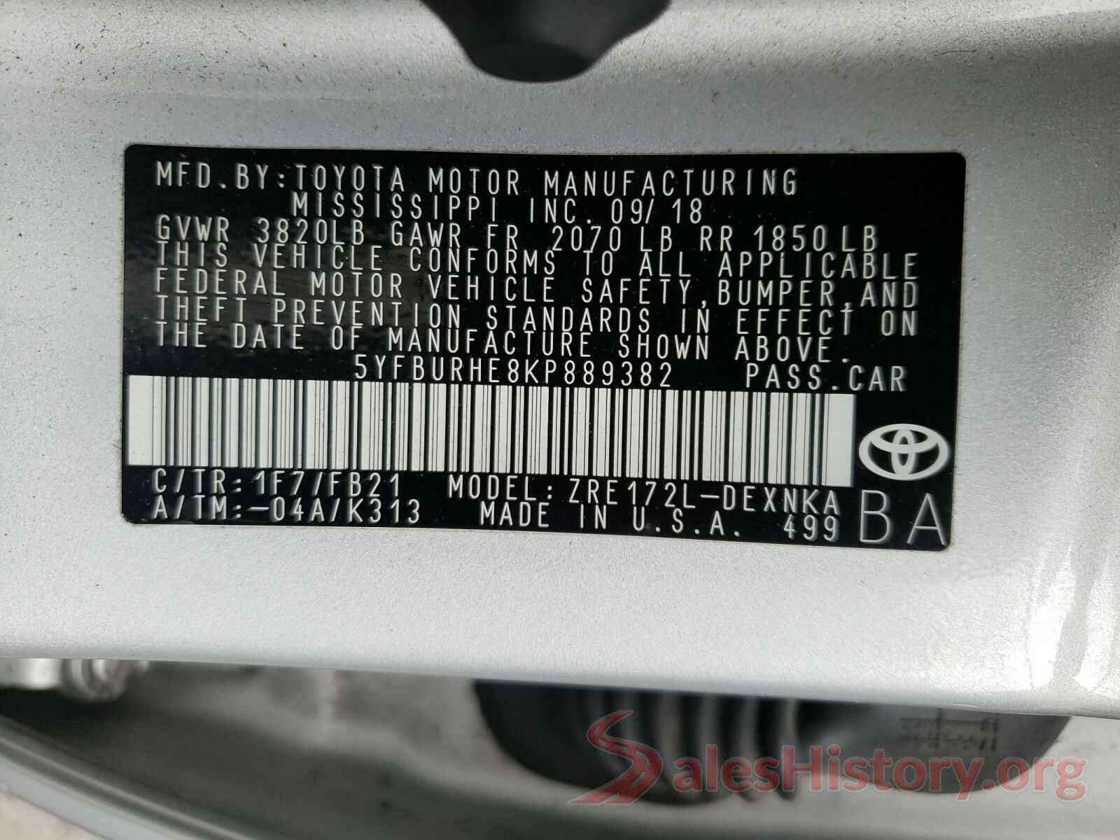 5YFBURHE8KP889382 2019 TOYOTA COROLLA