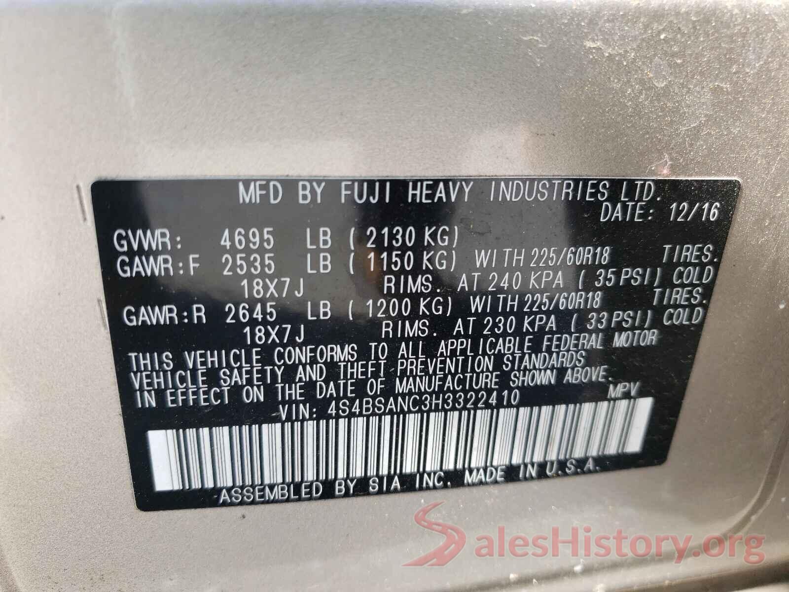 4S4BSANC3H3322410 2017 SUBARU OUTBACK