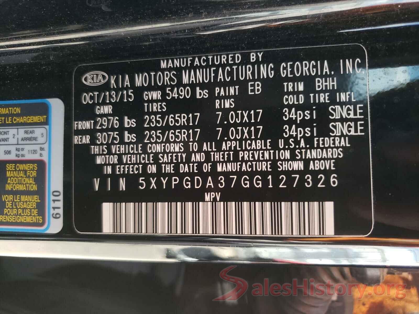 5XYPGDA37GG127326 2016 KIA SORENTO