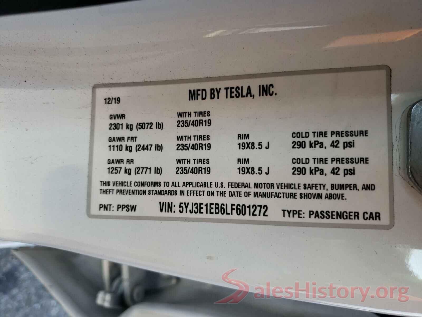 5YJ3E1EB6LF601272 2020 TESLA MODEL 3