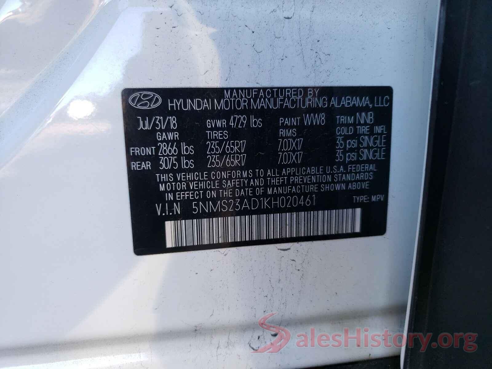 5NMS23AD1KH020461 2019 HYUNDAI SANTA FE