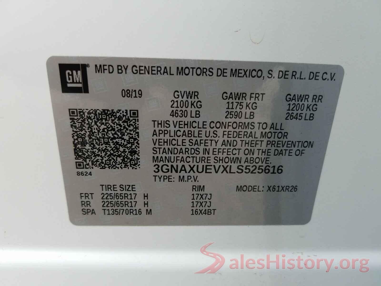 3GNAXUEVXLS525616 2020 CHEVROLET EQUINOX