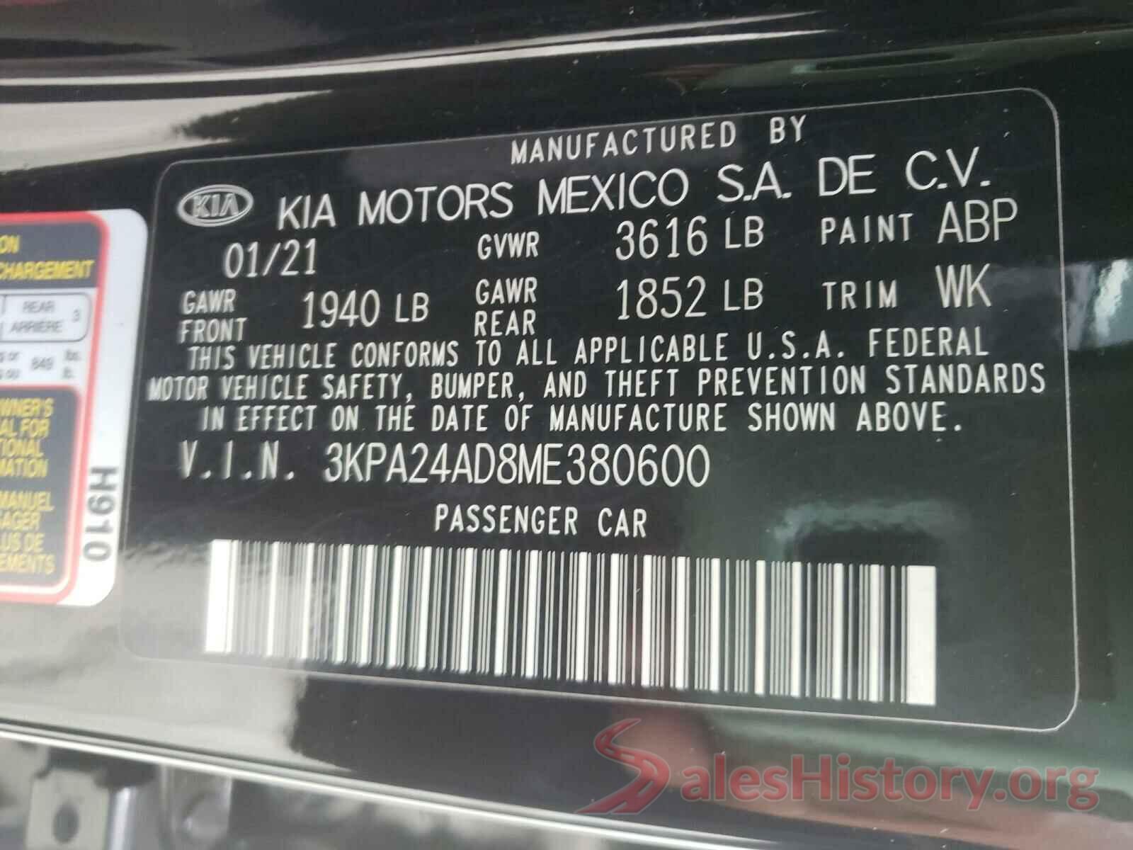 3KPA24AD8ME380600 2021 KIA RIO