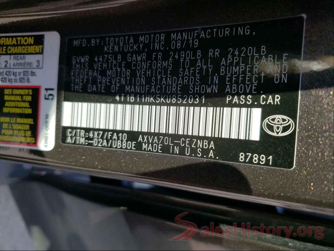 4T1B11HK5KU852031 2019 TOYOTA CAMRY