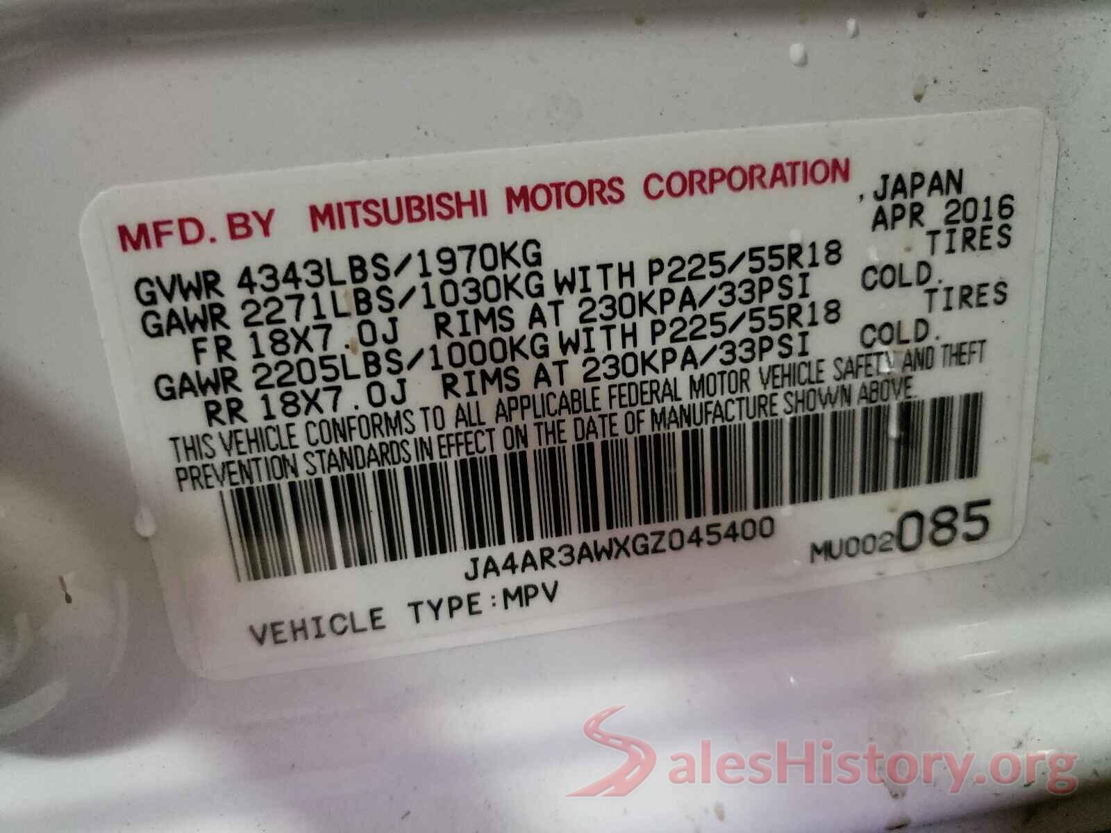 JA4AR3AWXGZ045400 2016 MITSUBISHI OUTLANDER