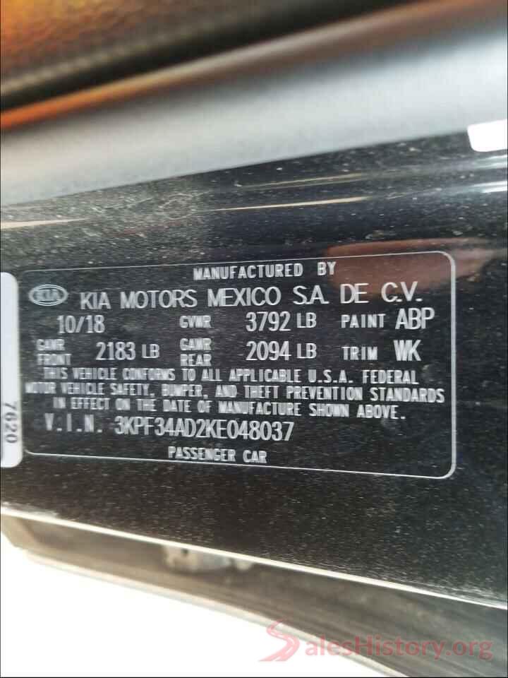 3KPF34AD2KE048037 2019 KIA FORTE