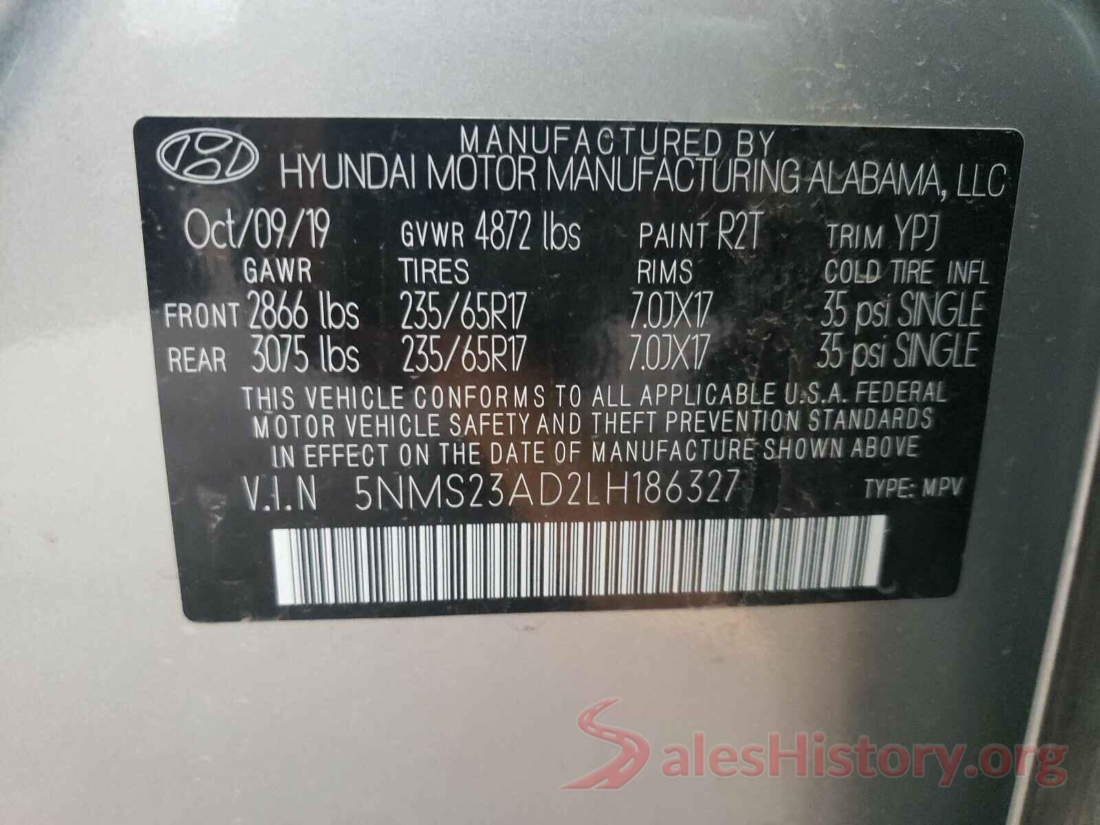 5NMS23AD2LH186327 2020 HYUNDAI SANTA FE