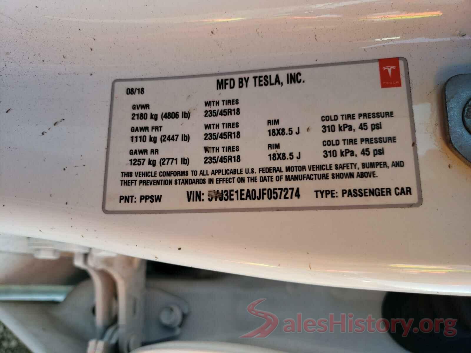 5YJ3E1EA0JF057274 2018 TESLA MODEL 3