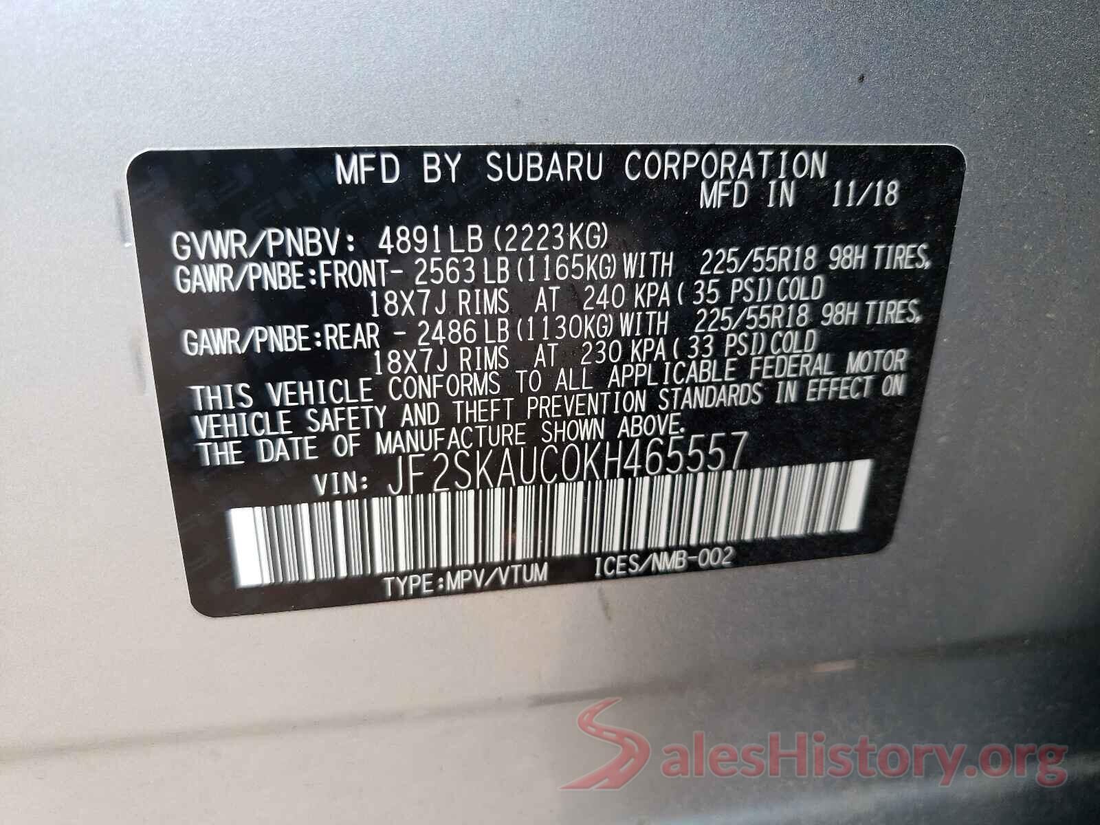 JF2SKAUC0KH465557 2019 SUBARU FORESTER