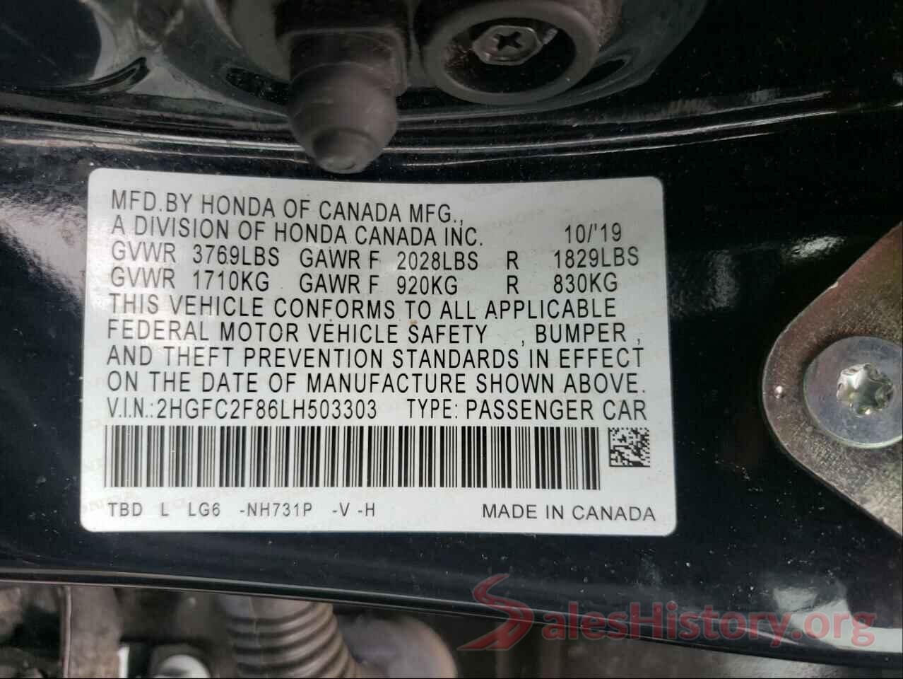 2HGFC2F86LH503303 2020 HONDA CIVIC