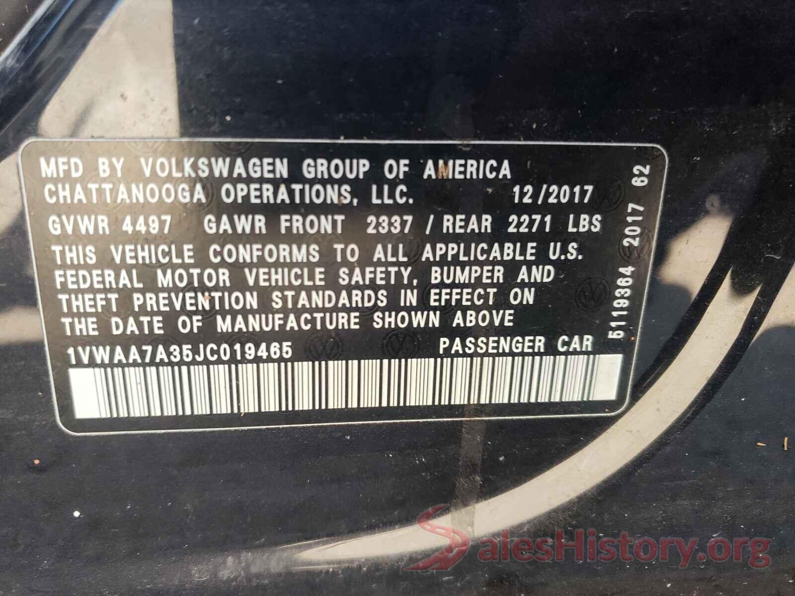 1VWAA7A35JC019465 2018 VOLKSWAGEN PASSAT