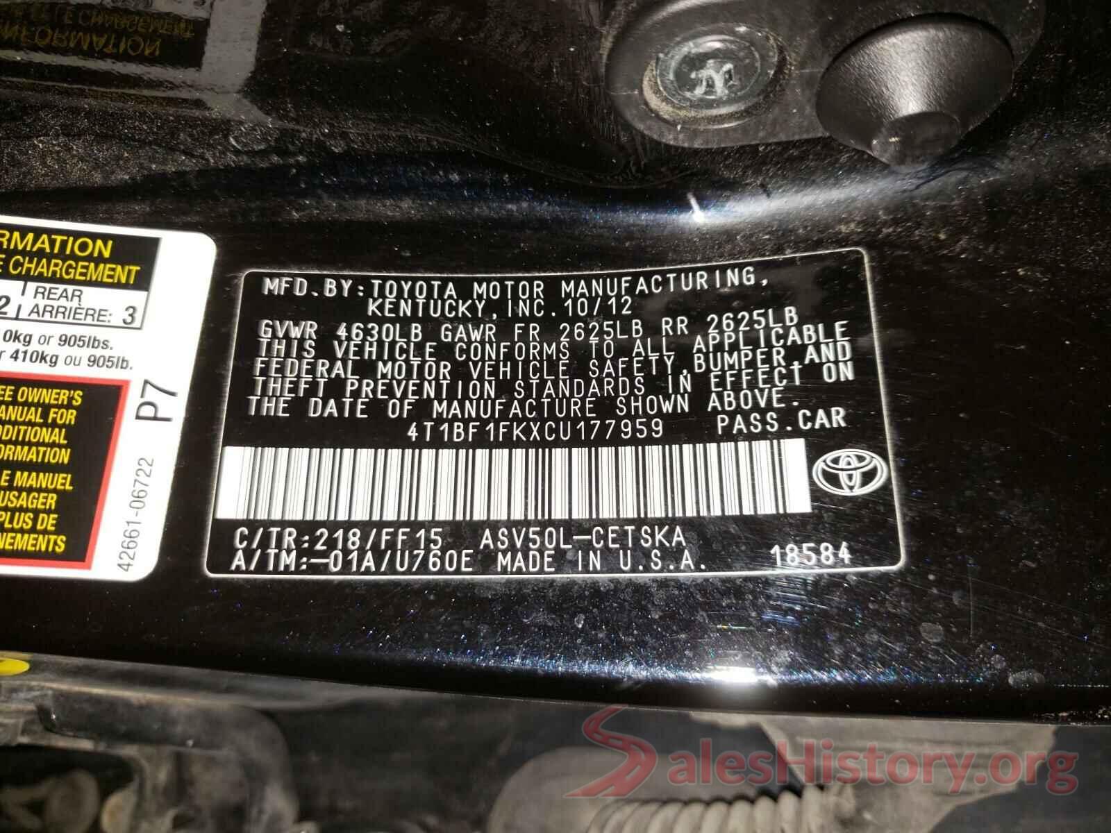 4T1BF1FKXCU177959 2012 TOYOTA CAMRY